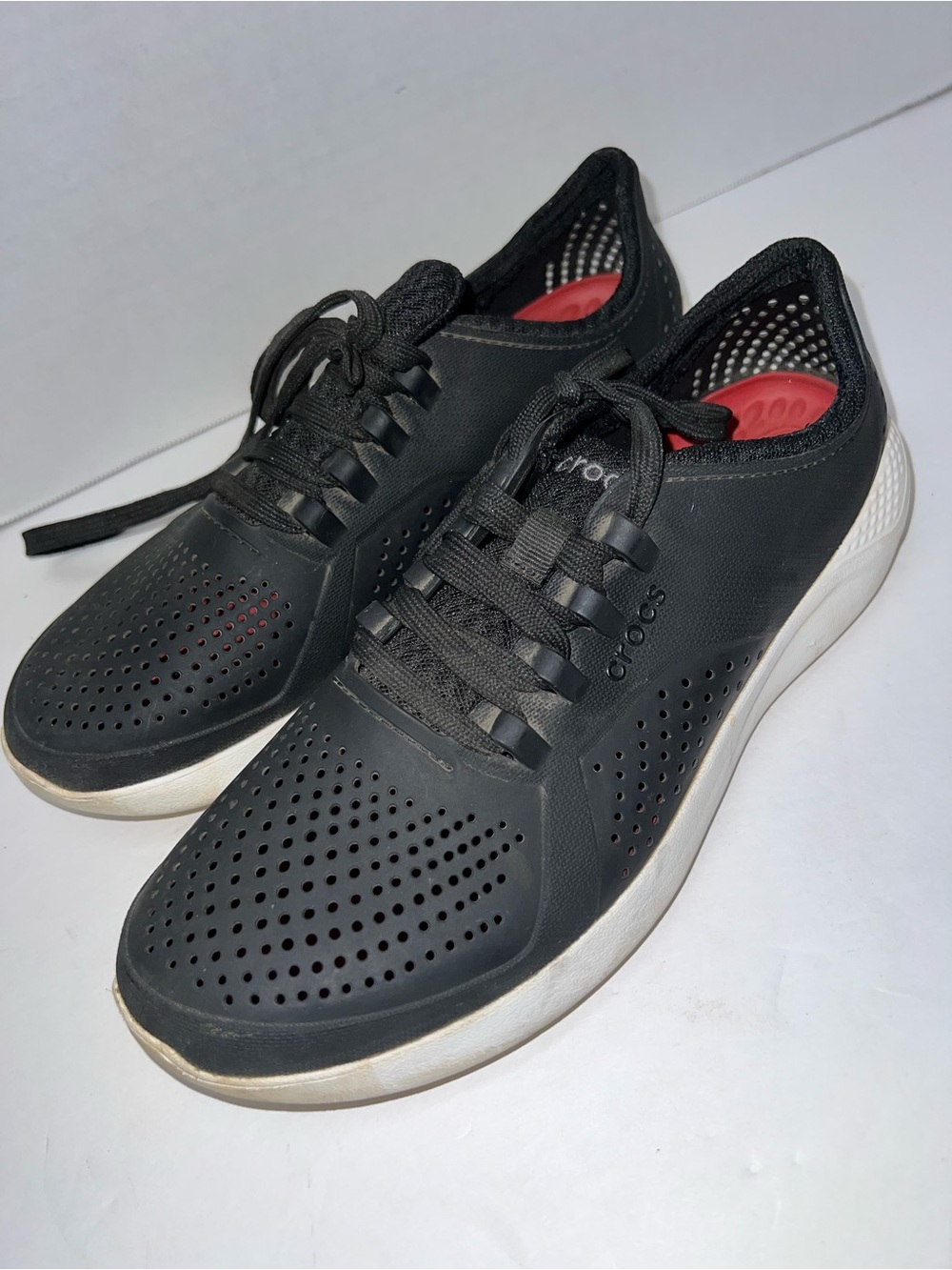 CROCS Lite Ride Black Sneakers Shoes with Red Insoles and White Soles Women’s